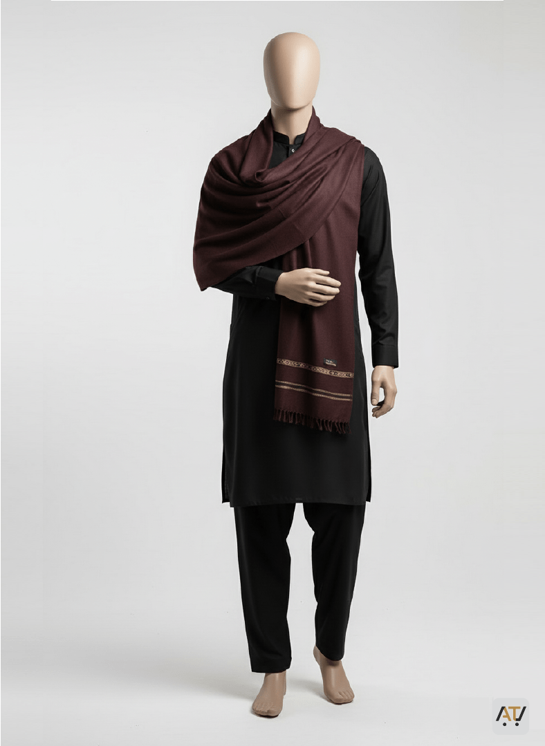 Deep Maroon Patterned Border 100% Acrylic Men Shawl