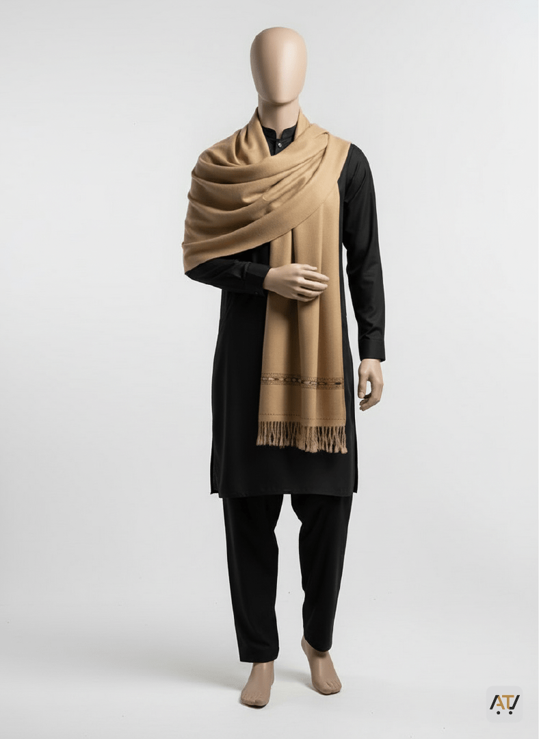 Camel Geometric Border 100% Acrylic Men Shawl