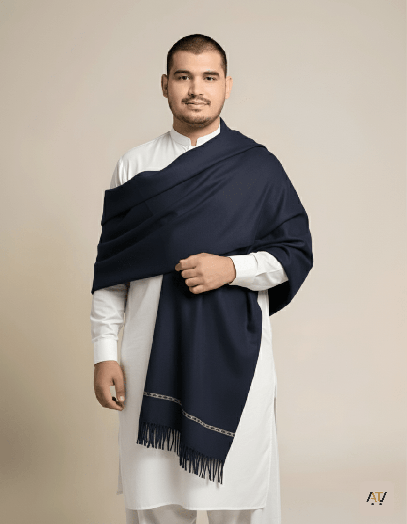 Navy Plain Wool Blend Men Shawl